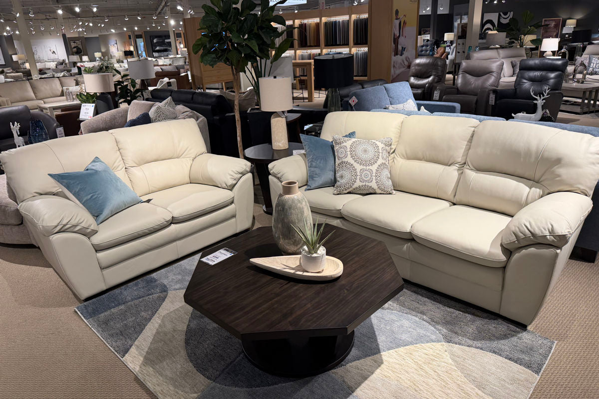 Palliser Amisk Cream Leather Sofa and Loveseat