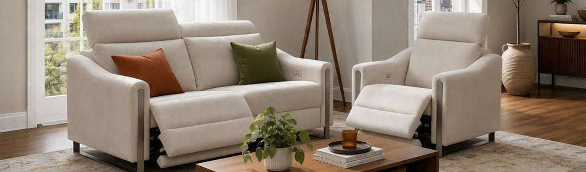 Elran John Power Reclining Sofa and Recliner White Fabric