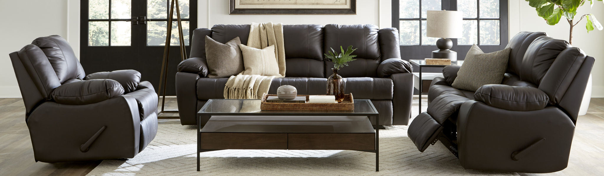 Mira power recline sofa and chairs dark brown leather