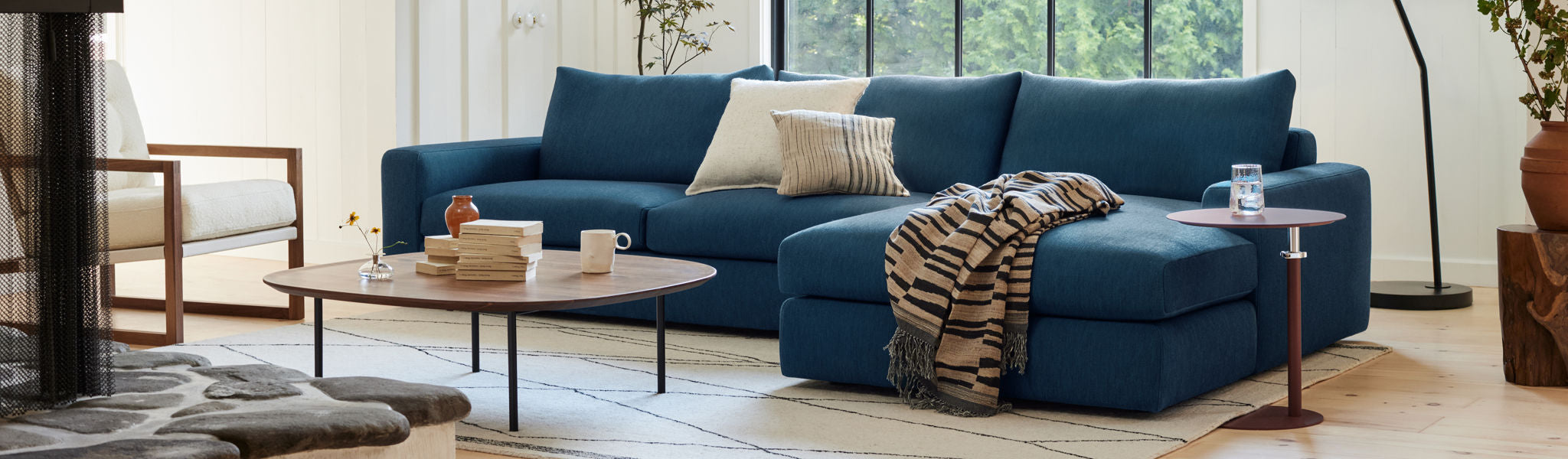 EQ3 Cello Sofa Chaise Sectional Dark Blue Fabric