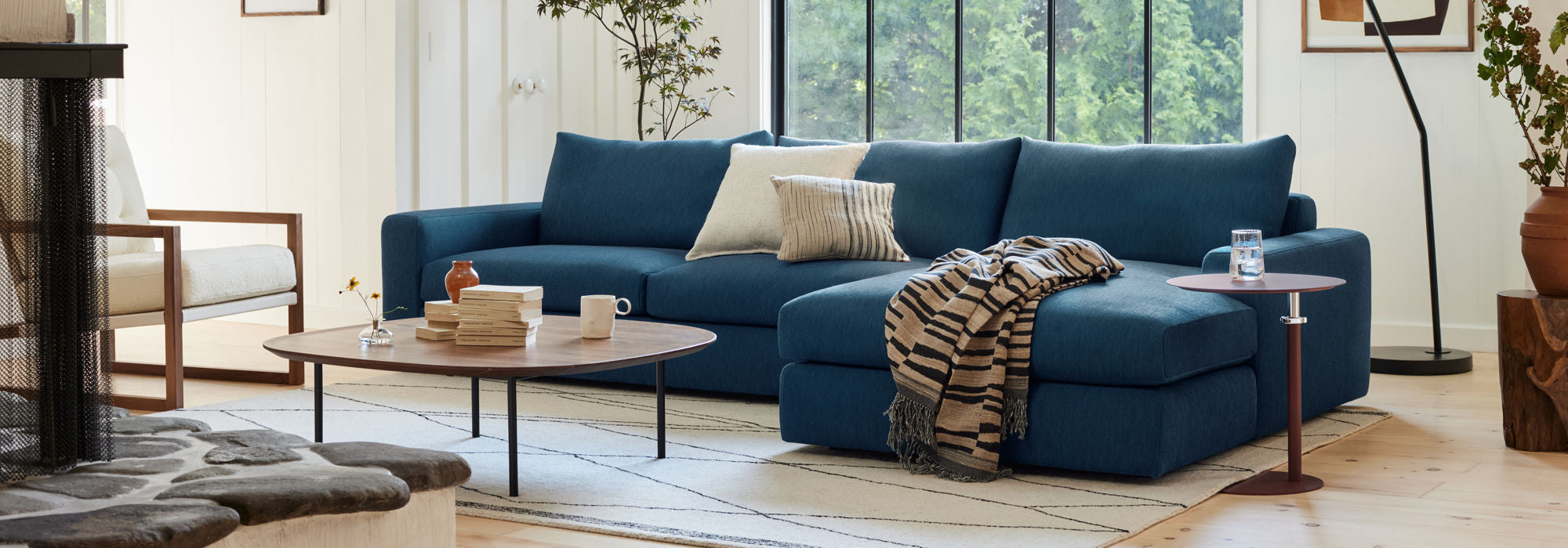 EQ3 Cello Sofa Chaise Sectional Dark Blue Fabric