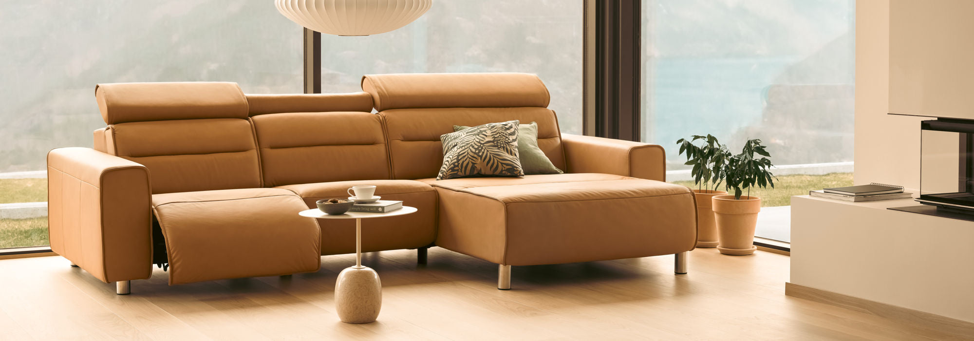 Stressless Emily Power Reclining Sofa Chaise Sectional Caramel Leather