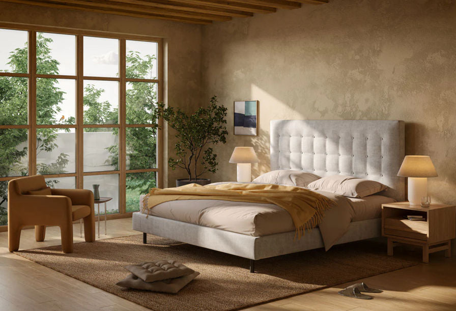 EQ3 Nara Upholstered Custom Bed Grey Fabric