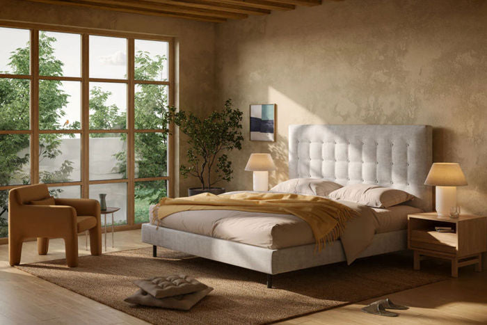 EQ3 Nara Upholstered Custom Bed Grey Fabric